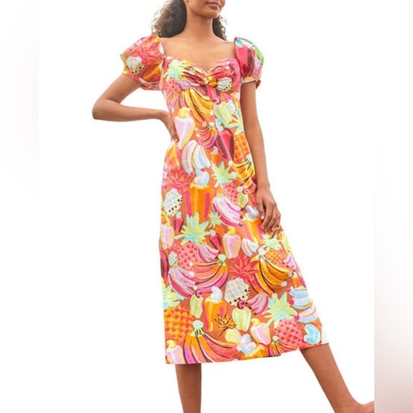 Farm Rio Dresses Nwt Farm Rio Fruit Salad Puff Sleeve Midi Dress Medium